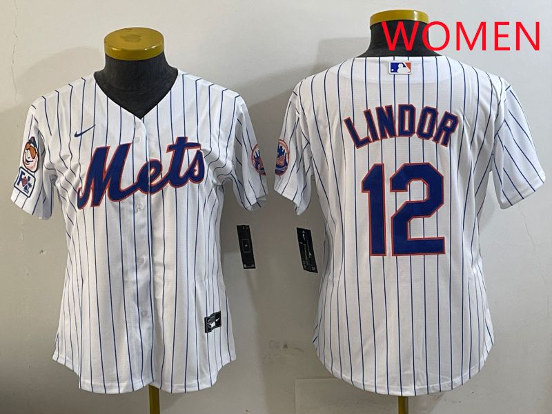 Women New York Mets #12 Lindor White Stirpe Game Fashion 2025 Nike MLB Jersey style 1->women mlb jersey->Women Jersey